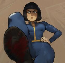 1girls angry angry_expression angry_face black_boots black_hair blood_splatter blood_stain blue_eyes boot_fetish boots catsuit digital_drawing_(artwork) digital_media digital_media_(artwork) dominant dominant_female domination eye_contact fallout female female_focus female_only femdom footwear giantess krautvan oc original_character original_characters pov pov_eye_contact scowl shoe_fetish shoe_soles shoes shoes_on stepped_on stepping stepping_on_face stepping_on_head stomping stomping_pov submissive_pov tight_clothes tight_clothing trample trampling vankraut vault_dweller vault_girl vault_meat vault_suit white_body white_skin