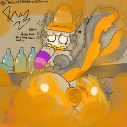 alcohol anthro anus ass balls beverage big_butt biohazard_symbol blush bodily_fluids digital_media_(artwork) domestic_cat drunk fart fart_cloud fart_fetish feces felid feline felis femboy freeway_(freewaythecat) freewaythecat fur genitals grey_body hair hazard_symbol hi_res huge_butt male mammal nude orange_body orange_fur raised_tail shocked simple_background solo substance_intoxication symbol tail tail_motion tailwag text traffic_cone