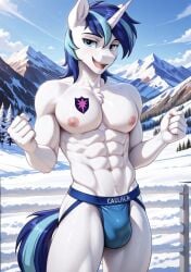 abs ai_generated anthro anthro_male biceps blue_eyes blue_hair blush equine furry gay horse jockstrap jockstrap_only looking_at_viewer male male_only muscular muscular_male my_little_pony nipples nude_male pecs shining_armor_(mlp) smile toned_body toned_male twall97 unicorn unicorn_horn