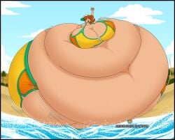 beach bikini bikini_top comical_weapon fat inflation mario_(series) mario_kart_world princess_daisy sarong shorts