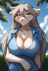 1girls ai_generated anthro arm_behind_back arm_on_stomach backdoortenya big_breasts blue_shirt blue_sky blush breasts busty chest_tuft clouds deviantart ears ears_down female furry grey_hair keidran long_hair looking_at_viewer outdoors outside pink_nose raine_silverlock silver_hair smile smiling_at_viewer sunlight tom_fischbach trees twokinds white_body white_fur wolf wolf_girl yellow_eyes