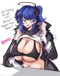 1girls arknights blue_eyes blue_hair blue_mouth blue_tongue blush boing boobs?_wanna_touch_boobs? breasts busty cleavage clothing dankestsin demon_horns eyebrows_visible_through_hair female female_only gloves halo horns huge_breasts looking_at_viewer mostima_(arknights) navel open_mouth shirt_lift shirt_up smile solo solo_focus talking_to_viewer tied_hair white_gloves