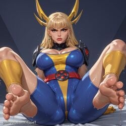 ai_generated big_breasts blonde_hair blue_eyes breasts feet female foot_fetish hypet magik_(illyana_rasputin) magik_(marvel_rivals) magik_(retro_x-uniform) marvel marvel_rivals pov shiny shiny_skin tagme thick thick_ass thick_legs thick_thighs thighs wet wet_body x-men