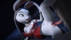 3d_(artwork) anthro areola black_hair breasts digital_media_(artwork) duo ear_piercing facial_piercing female genitals hair jewelry lagomorph leporid lip_piercing lipstick long_hair makeup male mammal medium_breasts mostly_nude necklace nipples piercing pussy rabbit runsammya sex simple_background