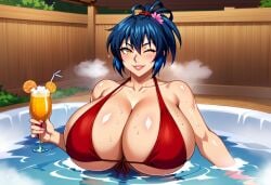 ai_generated breasts dark_blue_hair female flower_in_hair gigantic_breasts holding_cocktail hot_tub huge_breasts kunoichi looking_at_viewer manyuu_chifusa manyuu_hikenchou massive_breasts milf ponytail posing red_bikini relaxing samurai self_upload stable_diffusion sweat unclego voluptuous wink yellow_eyes