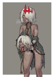 absurdres bare_shoulders body_writing breasts dark-skinned_female dark_skin ebonyxh ero_guro female female_pubic_hair gore grey_background grey_hair grin guro highres medium_breasts nipple_piercing nipple_rings nipples oral_invitation original piercing pubic_hair pussy pussy_juice rags severed_head short_hair smile solaria_(ebonyxh) solo tongue tongue_out tongue_piercing yellow_eyes