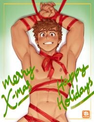 abs armpits christmas christmas_present gift gift_wrapped looking_at_viewer male male_focus male_only mondoart muscular muscular_arms muscular_male naked naked_male oc pecs ribbons tied_up