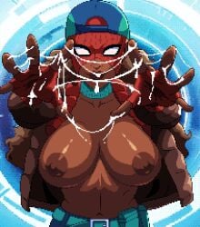 1girls 2d alternate_version_available areolae breasts breasts_out brown_skin cap cum cum_on_hands female fingerless_gloves hands_out hat looking_at_viewer marvel masked_female neophite-byte nipples open_jacket pixel_(artwork) pixel_art spider-man_(series) spider-verse spider-zero tagme
