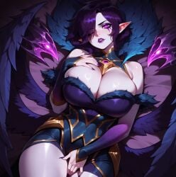 ai_generated angel balecxi big_breasts cleavage covering_crotch covering_privates covering_self feathered_wings female huge_breasts league_of_legends looking_at_viewer morgana tagme wings