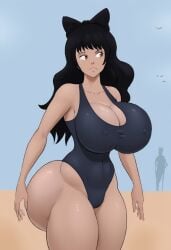 1girls ai_generated ass beach big_ass big_breasts black_hair blake_belladonna breasts bubble_butt cleavage female female_only huge_ass huge_breasts hyper hyper_ass light-skinned_female massive_ass nipples_bulge one-piece_swimsuit rwby shiin_(ai_generated) solo yellow_eyes