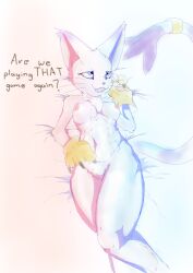 absurd_res anthro bandai_namco bed bodily_fluids breasts chest_tuft dialogue digimon digimon_(species) doshigato english_text female furniture gatomon hi_res humanoid nipples solo sweat text tuft