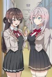 2girls ? after_sex ai_generated alisa_mikhailovna_kujou black_eyes black_hair blue_eyes blush confused facing_each_other female hallway holding_pregnancy_test indoors large_breasts looking_at_each_other medium_breasts naughty_face pregnancy pregnancy_test pregnant presenting school school_hall school_uniform silver_hair smug suou_yuki thighhighs tokidoki_bosotto_russian_de_dereru_tonari_no_alya-san waroffree