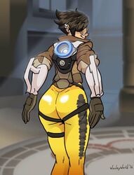 2016 animated ass back_view big_ass big_butt bimbo blizzard_entertainment bouncing_ass brown_hair bubble_ass bubble_butt butt dat_ass dated female female_only gif gloves goggles human jacket jiggle kneepits overwatch signature skin_tight smile smirk solo spandex spiked_hair standing thick_ass tracer video_games wooleyworld