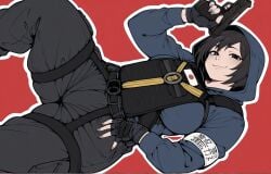 1girls ai_assisted artist_request big_breasts black_eyes black_hair civitai female fully_clothed gun hibana_(rainbow_six) highres looking_at_viewer pistol rainbow_six rainbow_six_siege sketch_page tactical_gear thick_thighs