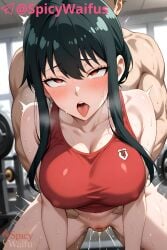 1girls ahe_gao ai_generated anime_girl anime_style big_breasts black_hair doggy_style female gym red_eyes sex spy_x_family watermark yor_briar yor_forger