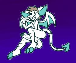 2025 3_toes 4_fingers anthro balls big_balls big_penis black_sclera blue_eyes brown_hair claws demon erection feet fingers floating genitals glans green_glans green_stripes grin hair holding_penis humanoid_genitalia humanoid_penis imp isaac_einfalt looking_at_viewer male markings midair nude one_eye_closed penis pupils sharp_teeth smile solo spade_tail striped_body striped_markings striped_tail stripes tail tail_markings teal_claws teal_inner_ear teal_wings teeth toes ultilix white_balls white_body white_penis white_wings wings