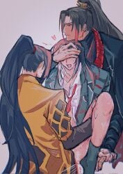 3boys anal_squirting black_coat black_hair black_hanfu black_sleeves black_socks blue_hair chinese_clothes coat collared_shirt colored_tips crying feet_out_of_frame from_behind gay grabbing_from_behind group_sex hair_ornament hand_over_another's_eyes hanfu heart high_ponytail highres holding_hands hong_lu_(project_moon) incest jacket jia_huan_(project_moon) jia_qiu_(project_moon) lcb_uniform_(project_moon) leg_lift leg_up lifting_body limbus_company long_hair loose_clothes loose_shirt male mmm_threesome multicolored_hair multiple_boys necktie no_pants open_mouth ponytail project_moon red_necktie red_scarf scarf sex shirt socks sweat threesome very_long_hair yaoi yellow_jacket yuanbuzhi