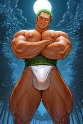 1boy ai_generated areolae bara biceps blue_1998 bulge crossed_arms green_hair large_pectorals legs male male_focus male_only muscular muscular_arms muscular_legs muscular_male muscular_thighs nipples one_piece pecs pectorals roronoa_zoro solo solo_male thighs