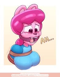 bondage clothed creamgag drool drooling gagged long_hair pink_body pink_hair ring_gag solo_female teeth_showing upper_body