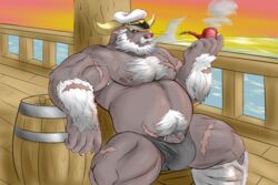 2017 5_fingers ahab_(tokyo_afterschool_summoners) alternate_version_at_source anthro barely_visible_genitalia beard body_hair bovine buffalo bulge clothing facial_hair front_view hairy hat hi_res horn male male_only mammal mature_male musclegut muscular muscular_male nipples old outside penis penis_base pipe radonryu scar sitting smoke smoking smoking_pipe solo subtle_penis tokyo_afterschool_summoners underwear vein water water_buffalo