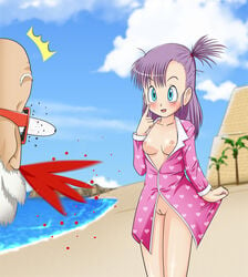 1boy blood blush bottomless breasts bulma_briefs dragon_ball female goldmondsel human master_roshi nipples open_mouth outside purple_hair pussy shiny_hair tongue uncensored