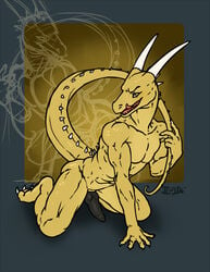 abs biceps claws dragon grin hi_res horn iggi kneeling knot looking_at_viewer male male_only muscular open_mouth penis raised_tail scalie solo spikes teeth tongue yellow_eyes