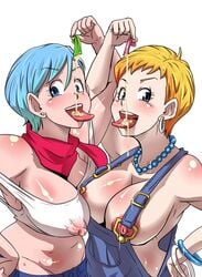 2girls areola areolae bare_shoulders black_eyes blonde_hair blue_eyes blue_hair blush bracelet breast_press breasts bulma bulma_briefs busty cleavage condom crossover cum cum_in_mouth dragon_ball dragon_ball_super earrings erect_nipples eyebrows eyebrows_visible_through_hair gokkun hand_on_hip happy holding hoop_earrings large_breasts looking_at_viewer lots_of_jewelry mound_of_venus multiple_girls naughty_face necklace nipples no_bra open_mouth overalls puffy_nipples rickert_kai scarf see-through shiny shiny_skin short_hair siblings simple_background sisters smile standing suspenders tights_(dragon_ball) tights_briefs tongue tongue_out upper_body used_condom voluptuous white_background