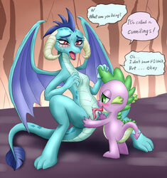 2016 anthro blush dialog dragon duo english_text female friendship_is_magic green_eyes half-closed_eyes horn long_tongue male my_little_pony open_mouth oral orca_(artist) princess_ember_(mlp) pussy scalie sex smooth_skin spike_(mlp) spread_legs spreading straight sweat text tongue tongue_out wings young