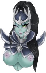 2016 black_hair blue_skin breasts bust dota_2 female female_only green_eyes hair headgear helmet large_breasts lipstick nipples phantom_assassin solo topless wink xinaelle