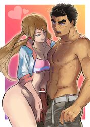 1boy 1girls abs akihiro_altland ass blush bottomless breasts cleavage erection female gundam gundam_tekketsu_no_orphans heart lafter_frankland male muscle naughty_face nipples pecs penis pubic_hair straight tagme topless wince wink