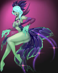 2016 areolae ass barefoot blue_hair breasts death_prophet dota_2 eyelashes eyeshadow feet female female_only floating green_eyes green_skin hair_ornament hair_over_one_eye large_breasts lipstick nipples purple_lipstick smile solo thick_lips toes xinaelle