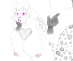 2016 anthro big_breasts breasts duo ear_piercing feline female hair heart huge_breasts leopard lipstick long_hair mammal mature_female nipples nude phallusbro piercing pink_eyes simple_background smile snow_leopard solo spots tiffany_valentine_(ghostwolf)