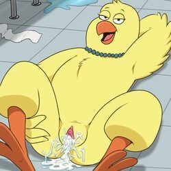 anthro armpits avian beak bird canary clitoris cum cum_in_pussy cum_inside cum_on_ground eyelashes family_guy feathers female jewelry lonbluewolf looking_at_viewer necklace open_mouth pussy tongue yellow_feathers