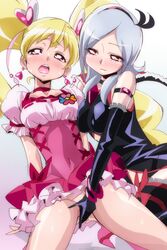 2girls arm_strap bare_shoulders black_gloves blonde_hair blush bracelet breasts buckle choker clothing covered_navel cure_peach dark_magical_girl dress earrings eas elbow_gloves female fingering fresh_precure! frills gloves hair_ornament hairband heart higashi_setsuna jewelry large_breasts long_hair magical_girl manji_(tenketsu) momozono_love multiple_girls no_panties open_mouth pink_eyes precure pretty_cure red_eyes shiny shiny_skin short_hair silver_hair small_breasts smile spread_legs squatting stockings sweat thighhighs tied_hair twintails yellow_hair yuri