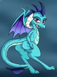 2016 anthro anus ass blue_body blush dragon female friendship_is_magic horn my_little_pony novaspark princess_ember_(mlp) pussy red_eyes scales scalie solo wings