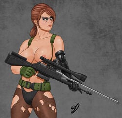 breasts brown_hair clothes covering_nipples facepaint female female_only gloves green_eyes gun highleg highleg_panties highres large_breasts learningasidraw looking_away metal_gear metal_gear_solid metal_gear_solid_v mismatched_gloves navel nipples panties pantyhose ponytail quiet_(metal_gear) smile sniper_rifle solo suspenders tied_hair topless torn_clothes torn_pantyhose underwear weapon