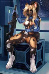 2016 african_wild_dog anthro bottomless breasts canine clothed clothing female gun iskra jacket mammal nipples plump_labia pussy ranged_weapon rifle science_fiction shiretsuna_(character) solo space tagme unprofessional_behavior weapon