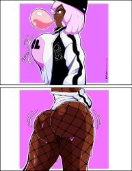 1girls ass big_breasts big_butt blowing_bubblegum breast_expansion bubble_butt bubble_gum bubblegum dark-skinned_female dark_skin dat_ass fishnet_pantyhose fishnets jacket pink_hair pink_slime puniru_(puniru_wa_kawaii_slime) puniru_wa_kawaii_slime rapper shape_shifter shapeshifter shiftingfun slime slime_girl stripping transformation transformed