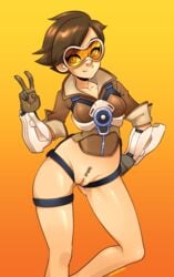 bomber_jacket bottomless brown_hair chronal_accelerator female female_only footwear functionally_nude goggles gradient gradient_background hand_on_hip handwear harness human jacket mostly_nude mrsteak overwatch pubic_hair pussy short_hair smile solo tracer v vambraces