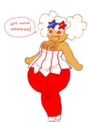cookie_run cookie_run_ovenbreak popcorn_cookie magpieredd magpiered 1girls standing clothed shirt_slip glasses glasses_on_head light-skinned_female exposed_breasts breasts exposing_breasts dialogue text_bubble