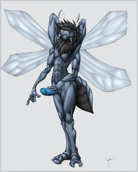 1boy 2016 4_arms abdomen antennae anthro armpits arthropod blue_eyes blue_penis erection fly hair humanoid_penis insects krinkels looking_at_viewer male male_only mandibles multi_arm multi_limb nude partially_retracted_foreskin penis pose sal signature silver_stiletto_fly smile solo standing uncut wings