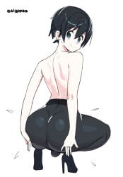 1boy alternate_version_available ass ass_support back back_view balls big_ass bigppea black_hair blue_eyes bottomwear femboy femboy_only feminine_male footwear functionally_nude functionally_nude_femboy girly gofeobo_(bigppea) hair hands_on_ass heels high_heels leggings legwear looking_back original original_character pantyhose smile solo solo_femboy squatting topless white_background