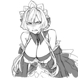 angry angry_expression artist_request bangs barely_contained_breasts big_breasts breast_focus busty busty_female cleavage cleavage_overflow dress genshin_impact maid_headdress sandrone_(genshin_impact) shoulderless_dress uncolored