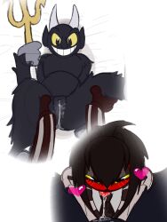 the_devil_(cuphead) yumeship yumeshipping cuphead_(game) fluids vagina cuntboy/male ftm_fucked black_fur grey_horns sheet bedroom white_background pitchfork demon skinless creature red_skin yellow_eyes nonbinary transmen