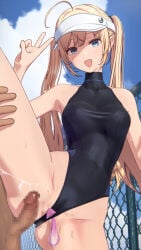1boy 1girl :d akehi_yuki arm_up black_leotard blonde_hair breasts cameltoe censored chain-link_fence clothing_aside condom covered_navel cum erection fence hat highleg highleg_leotard highres holding_another's_leg leotard leotard_aside long_hair looking_at_viewer medium_breasts miyo_(akehi_yuki) mosaic_censoring original outdoors penis smile testicles thighs turtleneck turtleneck_leotard twintails used_condom v visor_cap white_hat