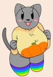 1girl anthro big_breasts black_eyes blush blush_stickers bottomless breasts cassettedream cat_girl clenched_hands clothed clothing dream-cassette felid feline female female_only furry furry_female grey_fur hands_up hoshime huge_breasts large_breasts legwear long_sleeves looking_at_viewer meme mob_face multicolored_clothes multicolored_legwear nyan_cat nyan_cat_(copyright) open_mouth pumpkin rule_63 simple_background smile solo solo_female striped_legwear striped_thighhighs sweater tail thick_thighs thighhighs thighs wide_hips