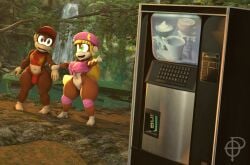 2025 3d_(artwork) 4_toes 5_fingers anthro baseball_cap big_breasts blonde_hair bottom_heavy bottomless bottomless_anthro bottomless_female breasts brown_body brown_eyes brown_fur bulge clothed clothing coffee_machine crop_top curvy_figure detailed_background diddy_kong digital_media_(artwork) dixie_kong donkey_kong_(series) duo ear_piercing ear_ring feet female femboy fingers forest fur genitals green_eyes hair haplorhine hat headgear headwear hi_res huge_hips huge_thighs jungle kong light_body light_fur long_hair male mammal monkey multicolored_body multicolored_fur nintendo open_mouth open_smile ordinary_pictures outside piercing plant primate red_clothing red_crop_top red_shirt red_thong red_topwear red_underwear ring_piercing shirt shortstack skimpy smile source_filmmaker_(artwork) thick_thighs thong tied_shirt toes topwear tree two_tone_body two_tone_fur underwear voluptuous voluptuous_anthro voluptuous_female vulva watermark wide_hipped_anthro wide_hipped_female wide_hipped_male wide_hips