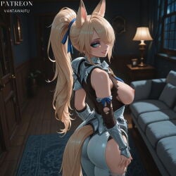 1girl ai_generated animal_ear_fluff animal_ears arm_guards armor artist_name ass blonde_hair blue_eyes blue_ribbon bodysuit breasts breasts_out carpet clothing couch cowboy_shot eyeshadow female from_behind hair_over_one_eye hair_ribbon horse_ears horse_girl horse_tail indoors lamp large_breasts long_hair looking_at_viewer looking_back makeup night nipples on_couch parted_lips ponytail ribbon rug shoulder_armor sigrid_(zenless_zone_zero) sigrid_de_l'azur smile solo standing tail tail_through_clothes torn_bodysuit torn_clothes torn_pants vantawaifu window wooden_floor zenless_zone_zero