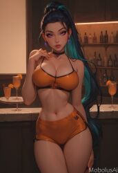 ai_generated mobolusai league_of_legends kai'sa k/da_all_out_kai'sa ponytail multicolored_hair choker purple_eyes big_breasts breasts cleavage sports_bra sportswear waitress bar belly_button skinny female thighs thigh_gap shorts looking_at_viewer