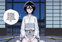 ai_generated ai_assisted fatest_squirrel bleach bleach:_the_thousand-year_blood_war kuchiki_rukia straight-on close-up upper_body 1girl hair_between_eyes short_hair black_hair black_eyes small_breasts white_kimono looking_at_viewer seiza hand_on_own_thigh shinai